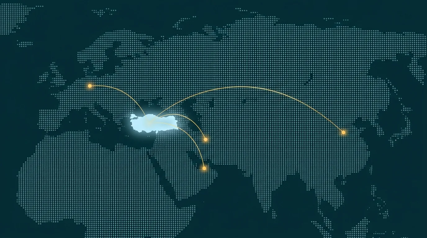 Dark dotted world map centered on Türkiye, with glowing golden arcs reaching Germany, Iran, the UAE, and China
