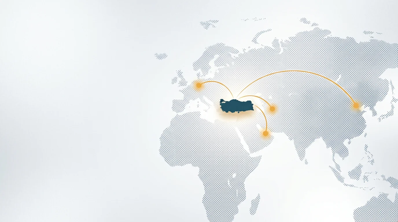 Dotted world map with golden connection arcs radiating from Türkiye to Germany, Iran, the UAE, and China