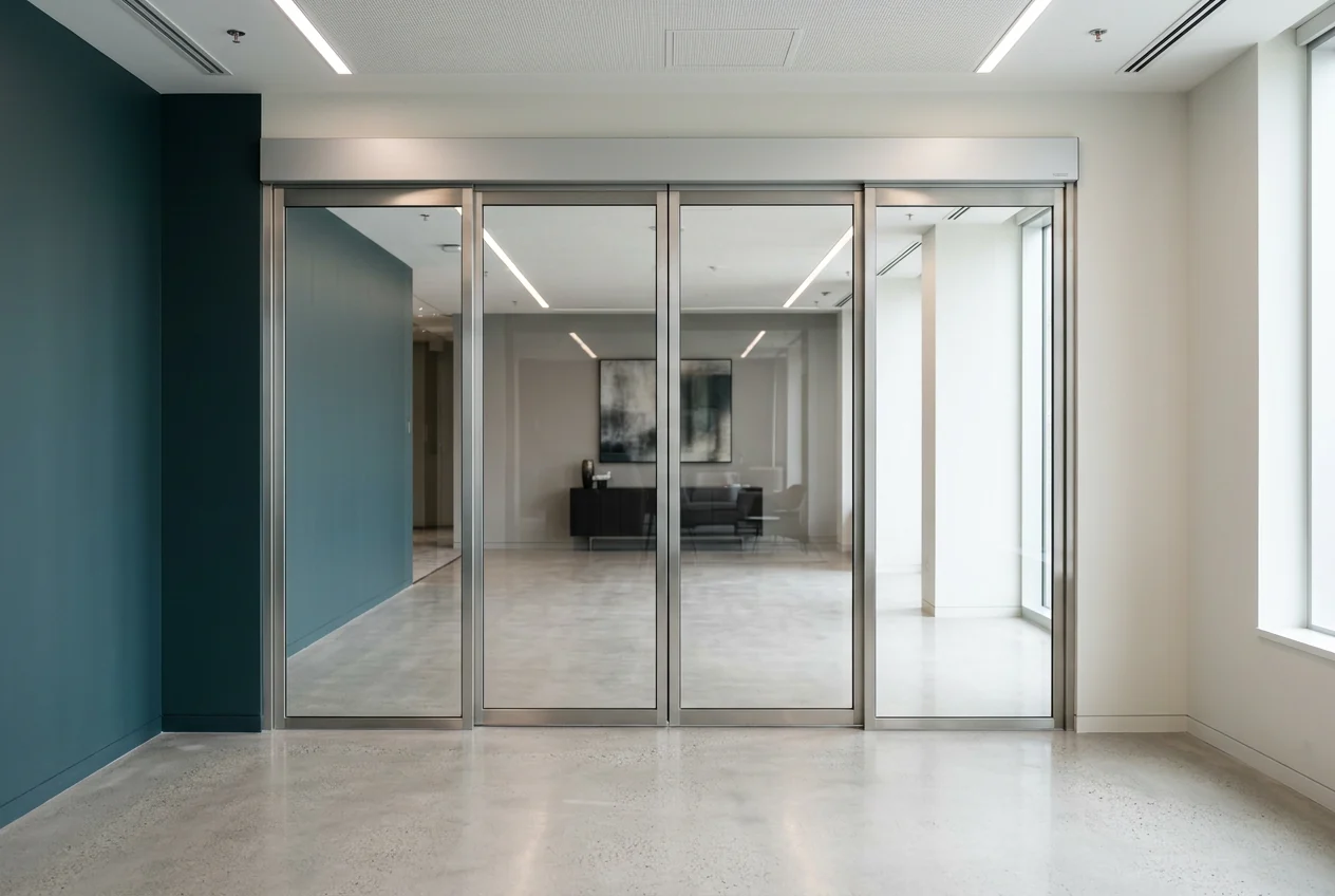 EC-G1 automatic sliding door closed in an office lobby: two glass leaves meeting in the middle between two fixed panels, under a slim aluminium operator