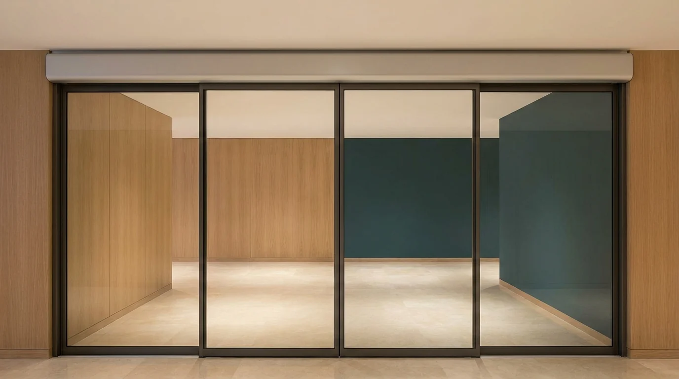 EC-P1 automatic sliding door closed in a hotel lobby: two dark-framed insulating-glass leaves meeting in the middle between two fixed panels